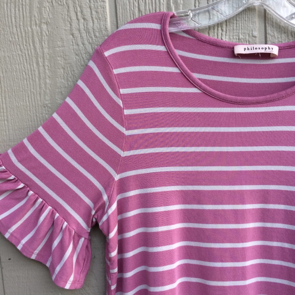 Ruffles striped blouse purple white shirt sleeve - Picture 4 of 5